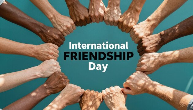 Diverse human fists joined together in a circle symbolizing international friendship day unity