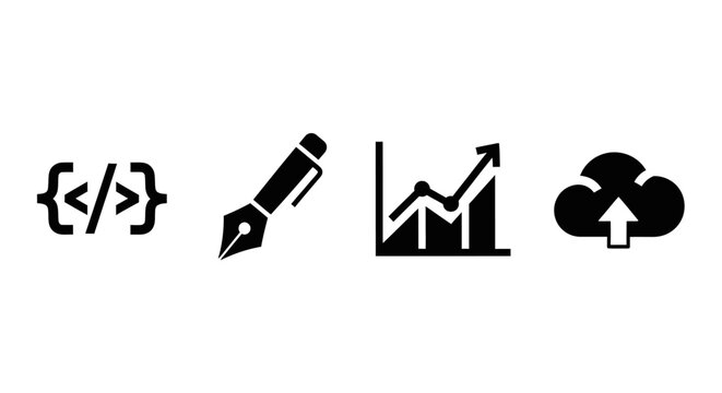 Set of icons representing coding analytics writing and cloud storage.