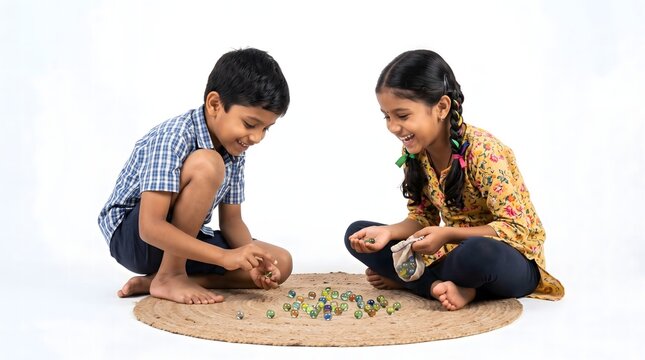 Indian Children Playing Glass Marbles Game on Jute Mat Isolated