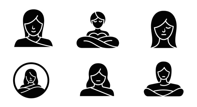Set of six female icons representing different moods and poses.