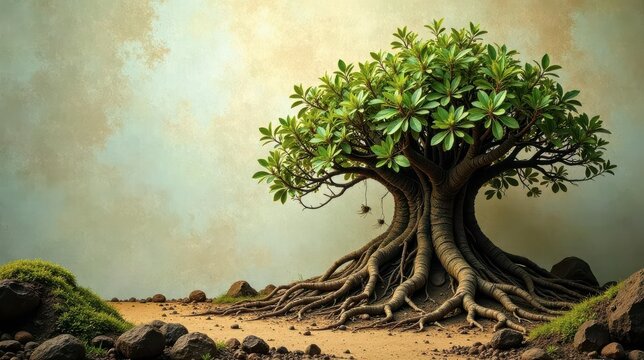 A Majestic Bonsai Tree with Exposed Roots, Set Against a Soft Textured Background, Evokes Serenity and the Passage of Time