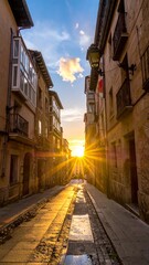 Fototapeta premium A serene, sunlit cobblestone street lined with old stone buildings