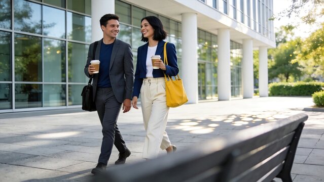 Colleagues walking outside modern office building holding coffee cups, smiling conversation break time