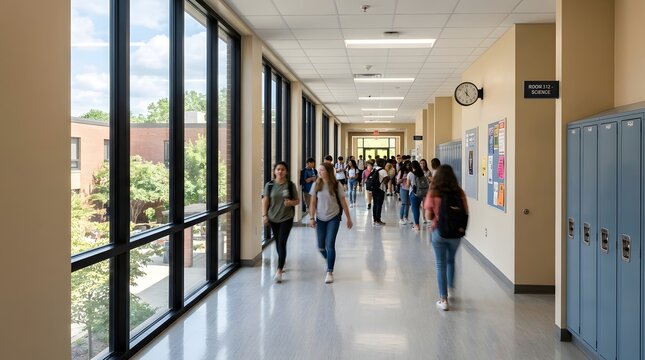 Students walking in a modern school hallway