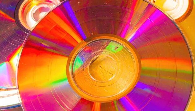 Close-up of a stack of colorful, reflective CDs and DVDs.