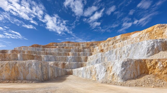 Scenic View of a Bright Limestone Quarry with Layered Soil and Blue Sky, Showcasing Extraction Process and Natural Landscape