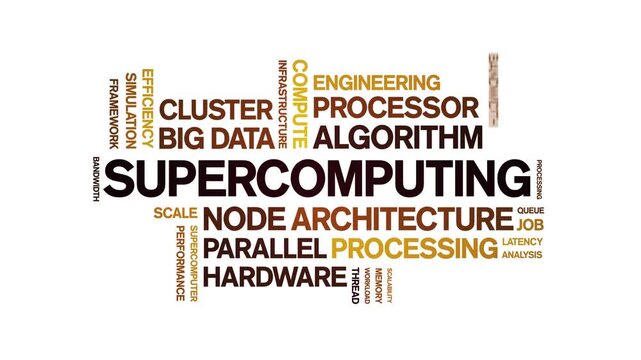 Supercomputing animated word cloud-text design animation tag kinetic typography seamless loop.