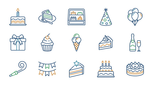Colorful birthday celebration icons with cake and gifts (3)