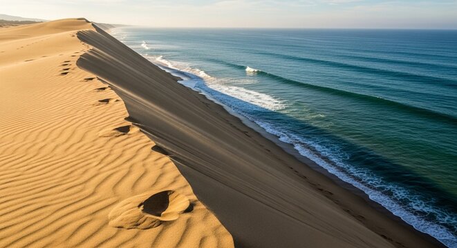 A steep sand dune dropping off into the deep blue ocean water