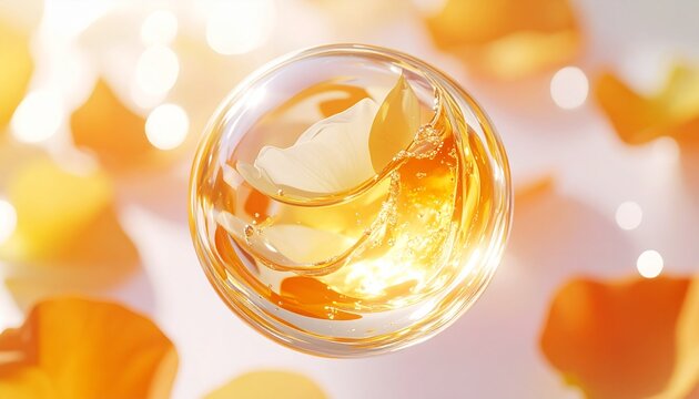アンバーゴールドの美容液を思わせるクリスタルドロップとシトラスフローラルの香り 上品で華やかなビューティーコンセプト ジェネレーティブAI