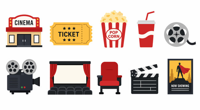 Colorful flat design cinema and movie icons set.