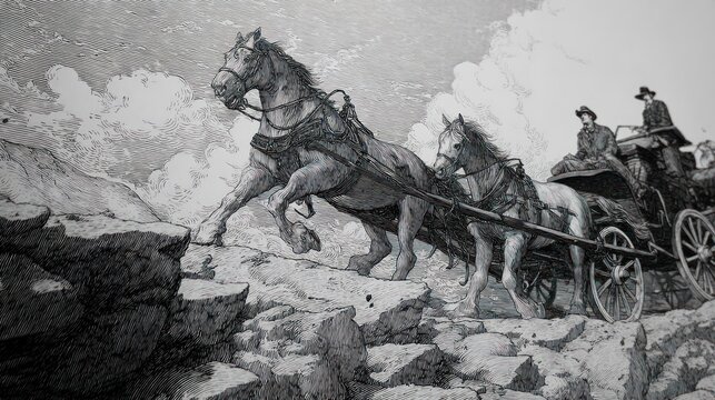 Equestrian team pulls heavy carriage across rough, rocky terrain in dramatic engraving style illustration