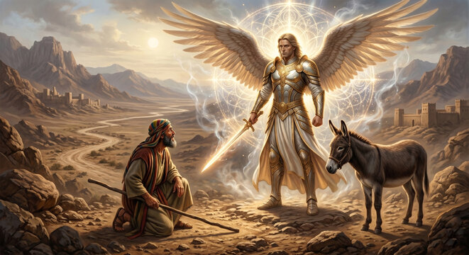 Bible, &nbsp;A dramatic digital painting showing the exact moment the divine veil is lifted from Balaam&rsquo;s eyes. He is kneeling on the rocky desert floor, his staff dropped beside him, looking up in sheer t