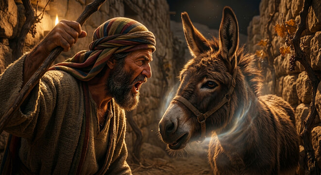Bible,  A powerful, low-key photograph depicting the precise moment the donkey speaks. Balaam is frozen in a state of utter shock, his mouth slightly agape, 