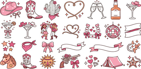Obraz premium Western Cowgirl Party Icon Collection with Cowboy Boots Hats Cocktails Disco Ball Rodeo Elements and Country Music Celebration Symbols