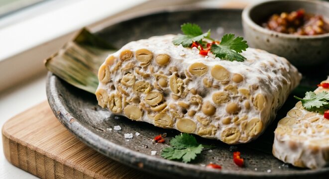 Raw tempeh block on rustic plate with chili and sambal dip, traditional Indonesian fermented soybean food