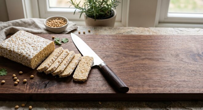 Freshly sliced raw tempeh block on wooden cutting board with chef knife and soybeans