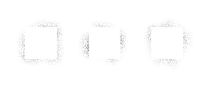 Spray stencil effect square frame collection. Stippled grain rectangle border set. Faded dot texture rectangular shape bundle. Vector rough textured boarder pack for text box, banner, poster, template