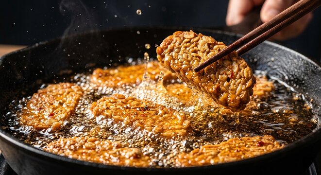Frying tempeh slices in hot bubbling oil in a cast iron pan, traditional Indonesian cooking