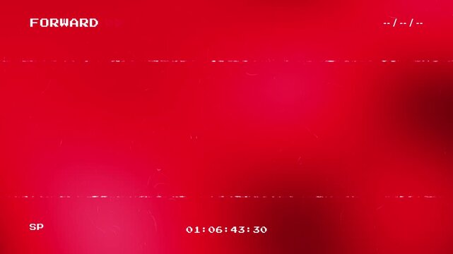 Retro VHS glitch effect with red light leaks and analog timecode on a black background featuring tape distortion and static noise for cinematic video overlays