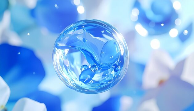 透明なクリスタルオーブに閉じ込められたブルーハイドレンジアが幻想的に輝くラグジュアリーフレグランスイメージ。雨上がりの紫陽花を思わせるアクアフローラルとクリーンムスクの香りを表現した高級香水・美容広告向けビジュアル。ジェネレーティブAI