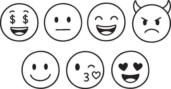 Set of hand drawn doodle emoji faces with various expressions and emotions