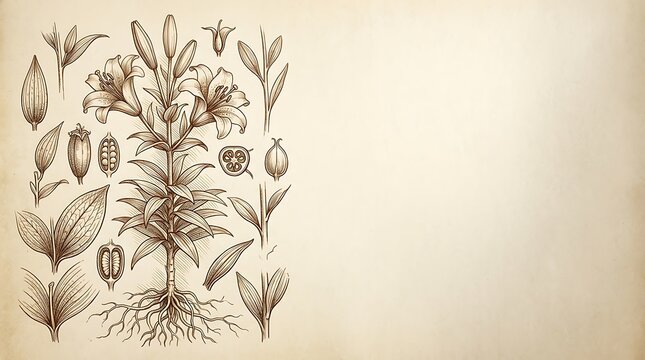 Botanical lily plant drawing with roots on vintage parchment