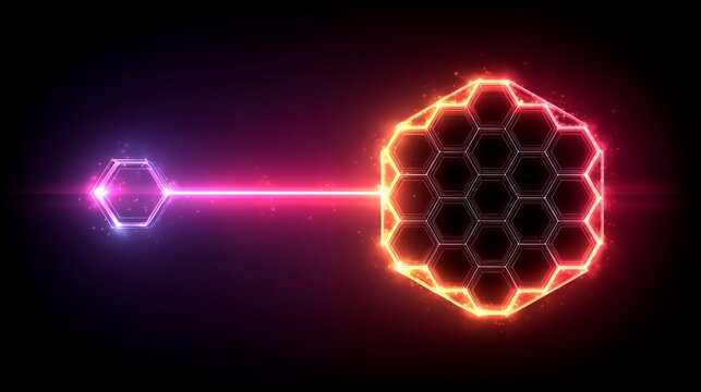 High-tech glowing neon orange and red honeycomb network connecting with purple hexagon on black background for cyber security data