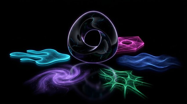 Glowing neon shapes and a large torus on black background