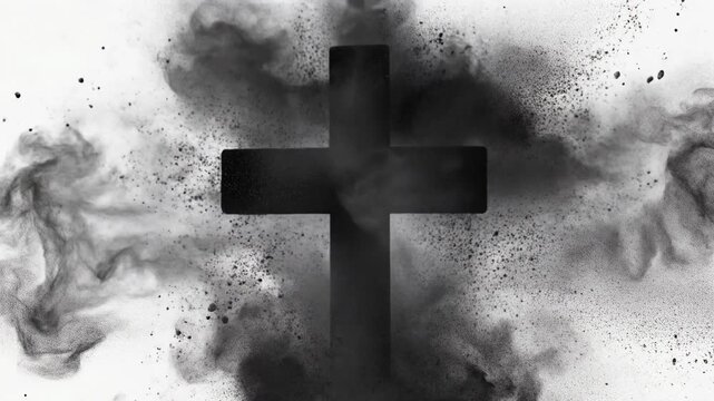 Black powder explosion with swirling dark smoke and fiery sparks in dynamic cross shape