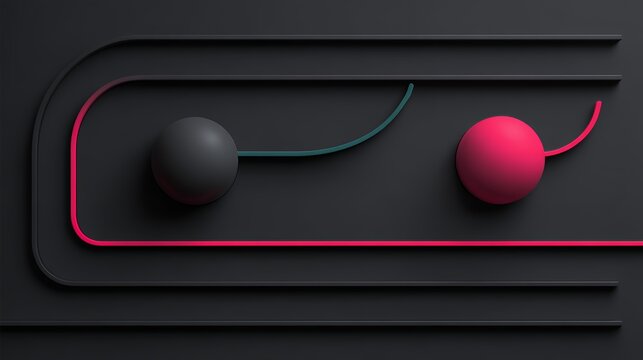 Matte black minimalist 3D background with parallel tracks featuring a dark sphere and a contrasting bright pink sphere with tails
