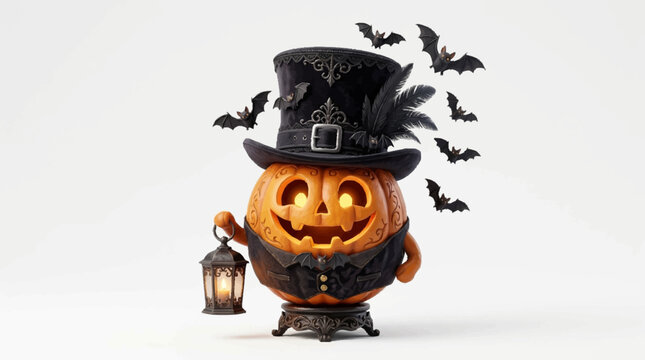 Happy Helloween scene with a jack-o-lantern wearing a top hat emblem surrounded by bats and holding a lantern.
