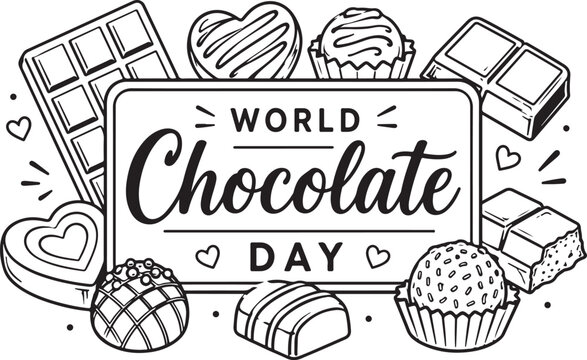 World chocolate day hand drawn sign with assorted sweet candy and cocoa bars