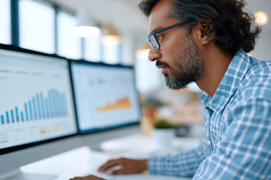 Man studies data on two monitors at desk. Focused, he wears glasses and a plaid shirt. Office lighting highlights his thoughtful expression. Ideal for business analytics, digital strategy