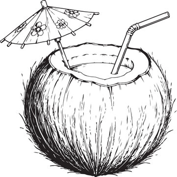 A fresh coconut drink with a small paper umbrella and a straw sketch drawing