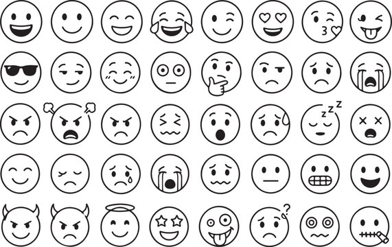Set of various hand drawn black and white emoji icons expressing many emotions