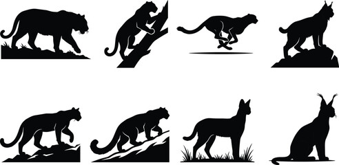 Wild Cat Silhouette Collection Featuring Panther Lynx and Big Cats in Various Natural Poses © Sree