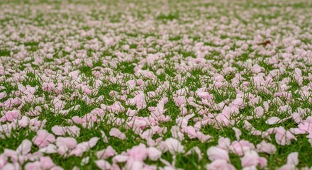 Obraz premium Beautiful pink cherry blossom petals covering a lush green grass lawn like soft snow