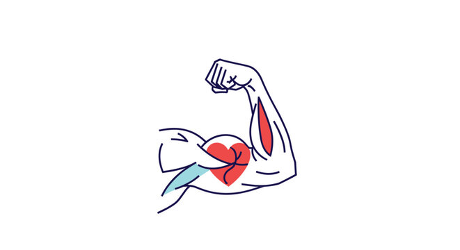 Strong flexing arm illustration with a red heart symbol represents healthy lifestyle, strength, and self love.