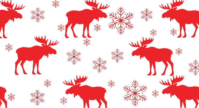 Christmas seamless pattern with red silhouettes of moose and delicate snowflakes scattered on a white background.