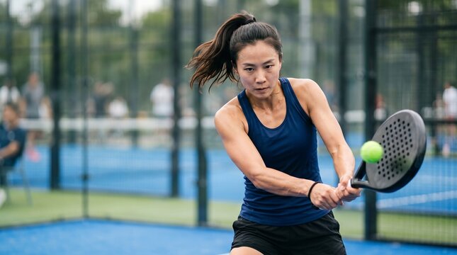 Asian woman playing padel on an outdoor court. Female athlete hitting a ball during a fast paced racket sport match in a modern sports facility.