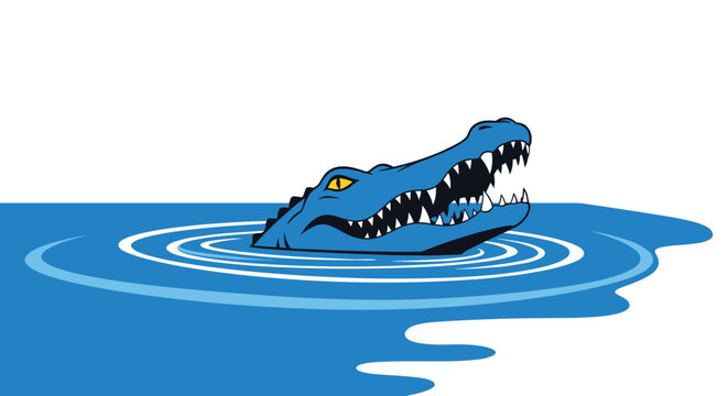 Stylized blue alligator head rising from water ripples with sharp teeth showing in an open mouth.