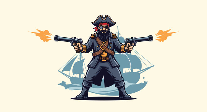 Fierce pirate captain in dark uniform fires two flintlock pistols with a classic pirate ship sailing behind him.
