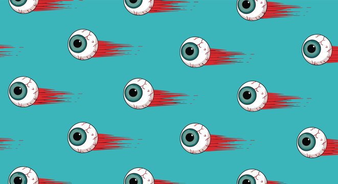 Spooky seamless pattern of bloodshot flying eyeballs leaving blood trails on a solid bright teal textured background.