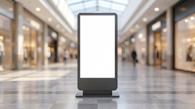Blank digital advertising display screen in a modern shopping mall atrium with blurred shoppers in background