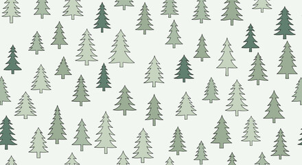 Obraz premium Seamless pattern of stylized pine and fir trees in different shades of green over light grey background.