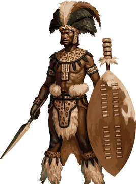 Zulu Warrior Vector Illustration &mdash; African Traditional Warrior with Shield and Spear