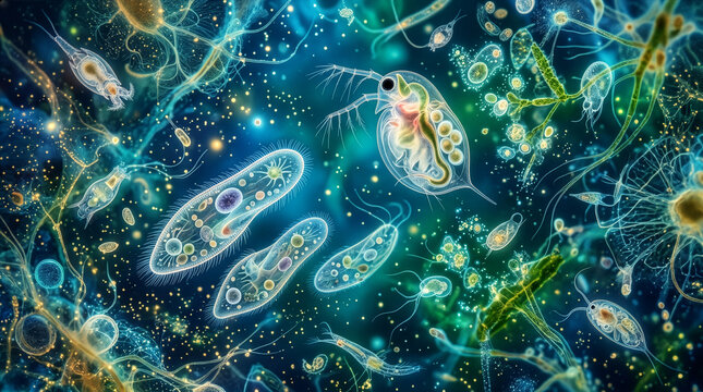 Abstract Microscopic Aquatic Ecosystem with Floating Microorganisms
