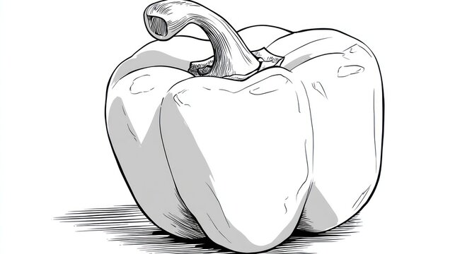 Monochrome illustration depicts a single bell pepper with strong outlines and shading against a white background.