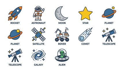 Colorful Space and Astronomy Icon Collection. © bos